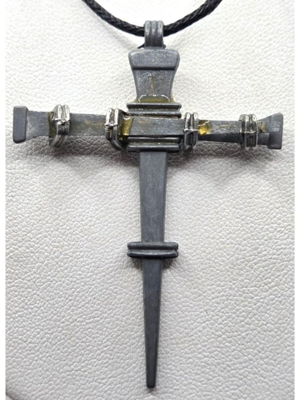 Cross Pendant With Nail Design & Black Cord Necklace